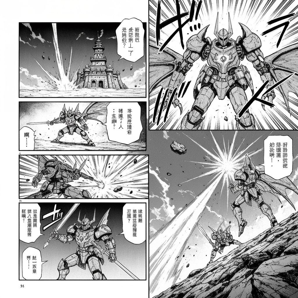 Knight in Rune Mecha Battles Dragon-Machine in Manga Style