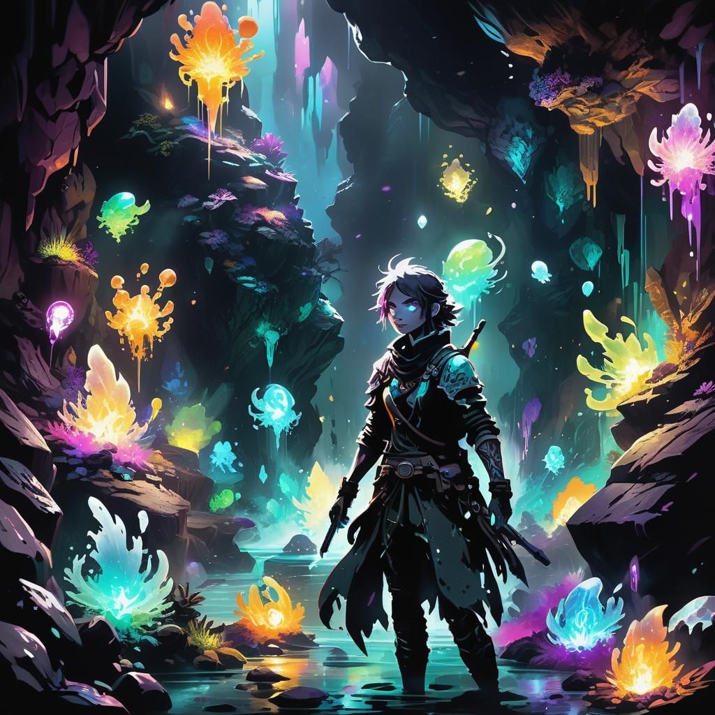 Bioluminescent Neon Ink Splatter Art in Crystal Cavern