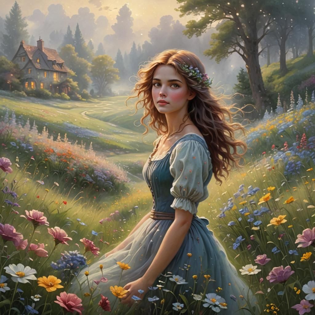 Ethereal Girl in Hyperdetailed Flower Meadow