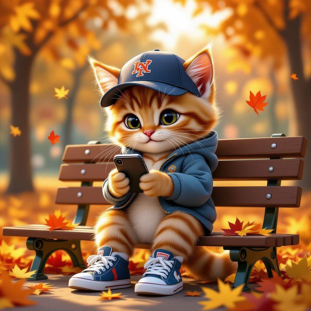 Ginger Kitten in Baseball Cap & Sneakers in Autumn Park