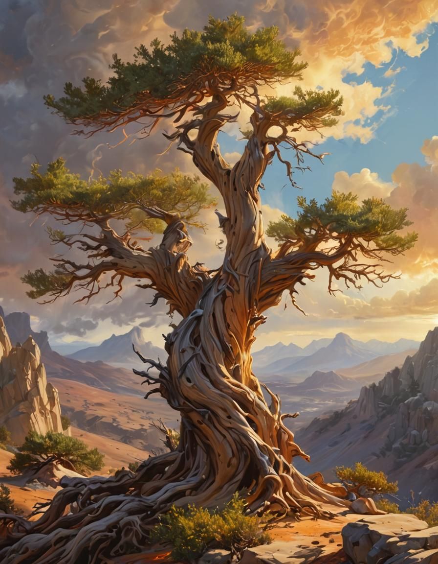 Juniper Tree in Windswept Highland Landscape