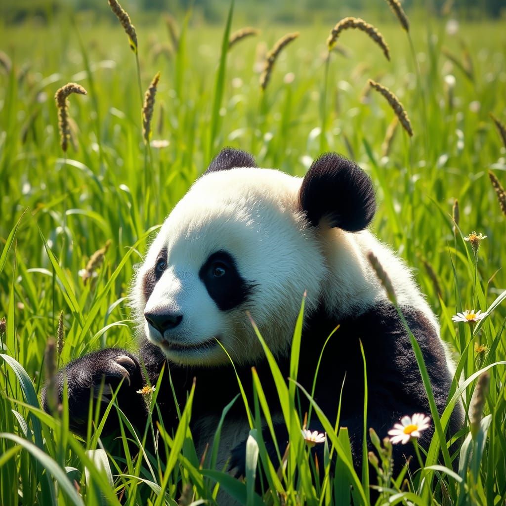 Giant Panda in Serene Green Meadow Landscape