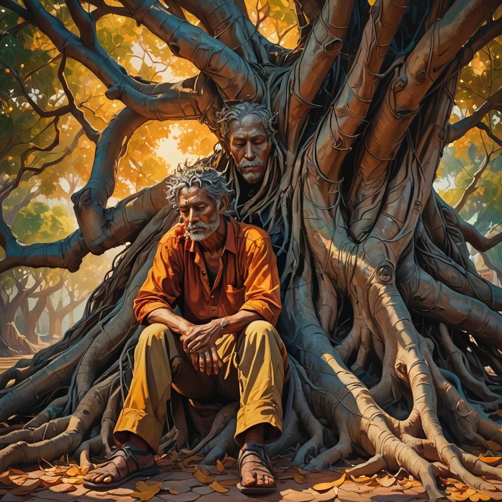 Man Asleep Under Banyan Tree: Vibrant Oil Painting