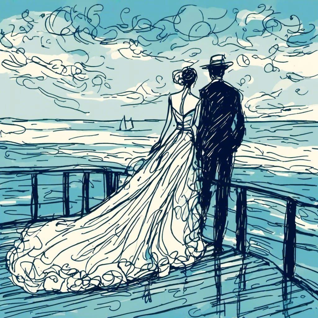Stick Figure Bride on Steamboat Deck in Blue Ocean