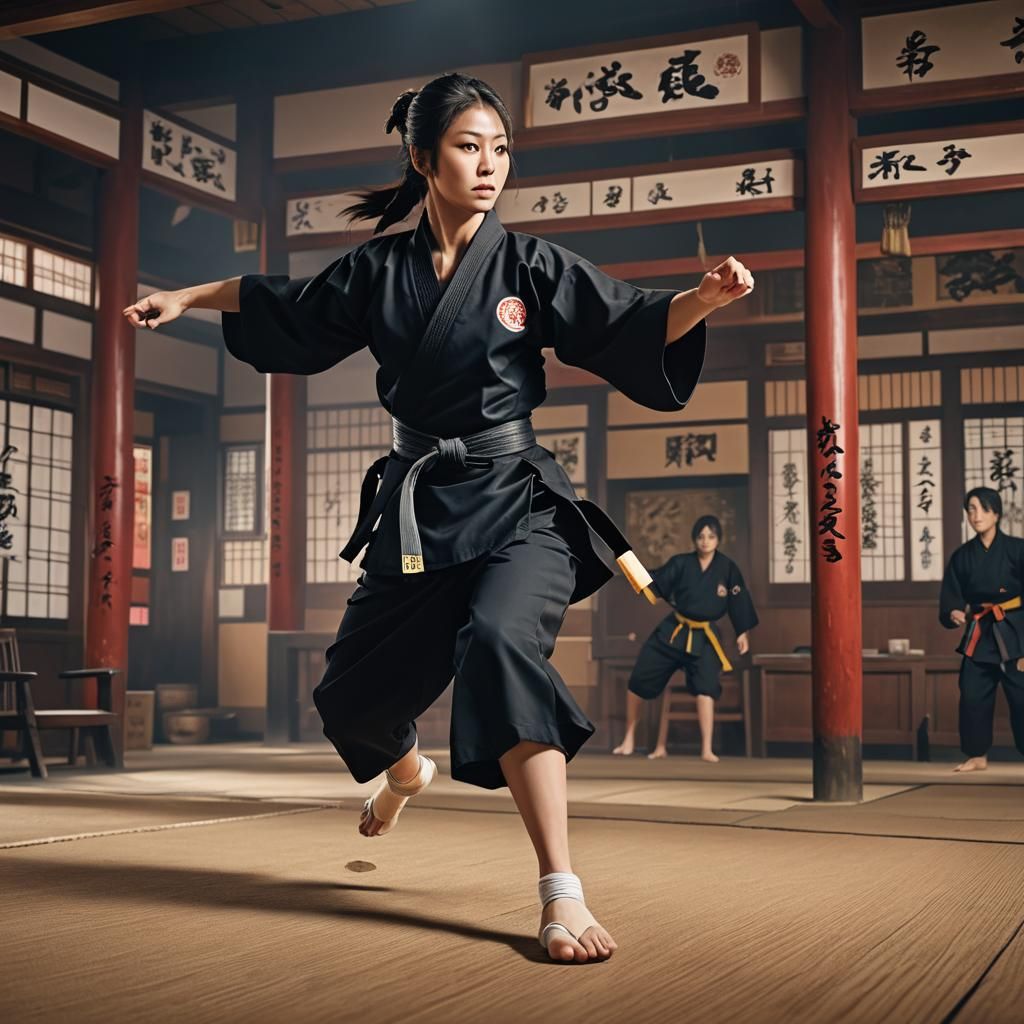 Japanese Woman Practicing Kicks in Dojo: Matte Painting