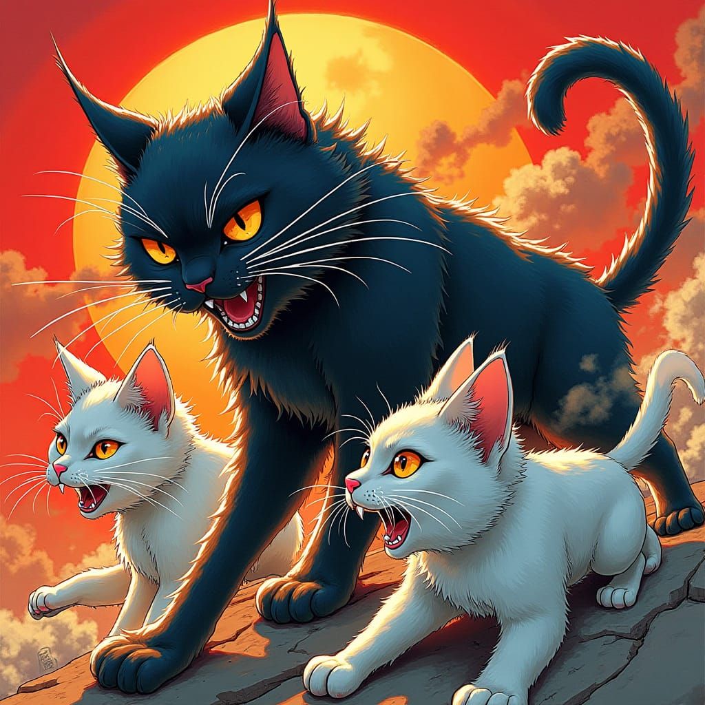 Dynamic Cats in Anime Style Action Scene