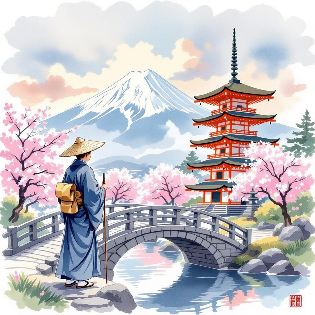 Japanese Monk Gazing at Mount Fuji: Watercolor
