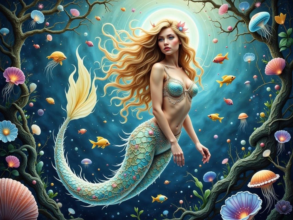 Ethereal Mermaid in Whimsical Underwater Realm