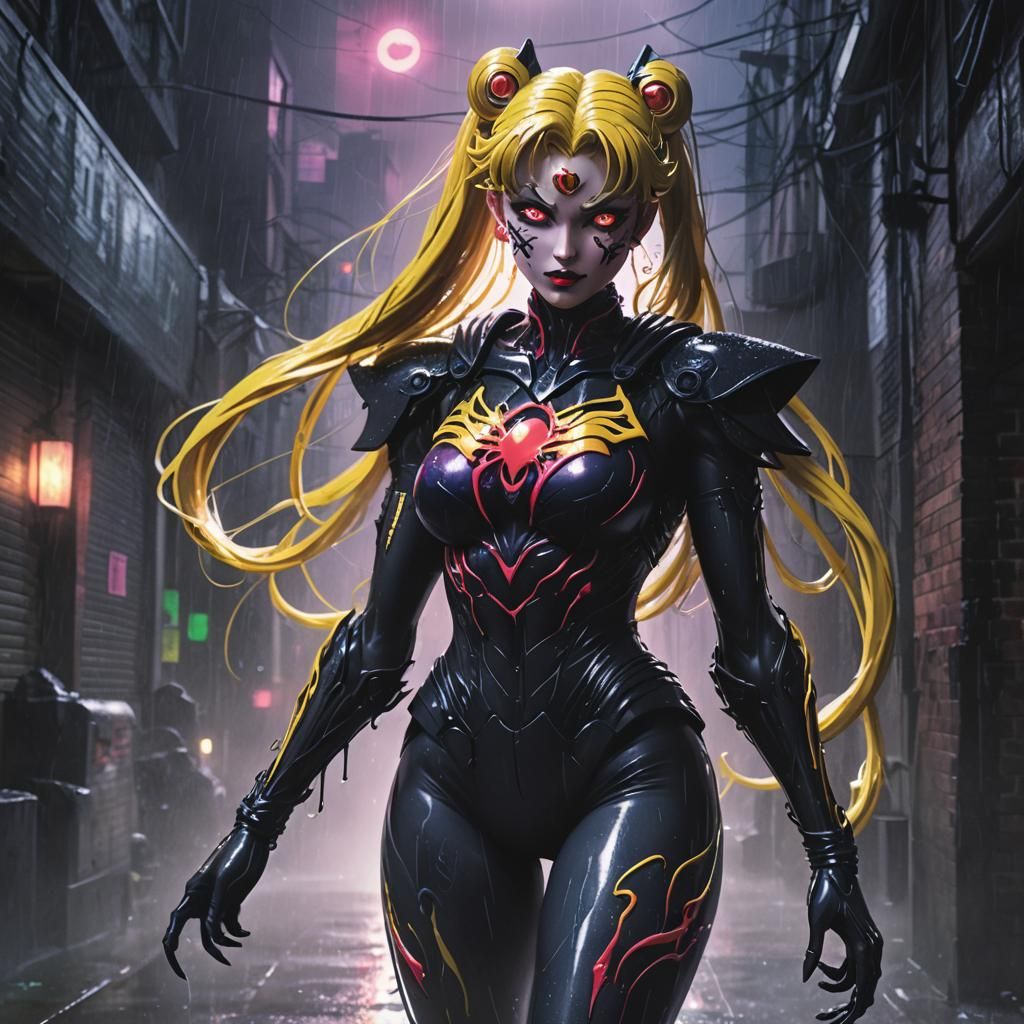 Sailor Moon with Venom Symbiote in Neon Alley