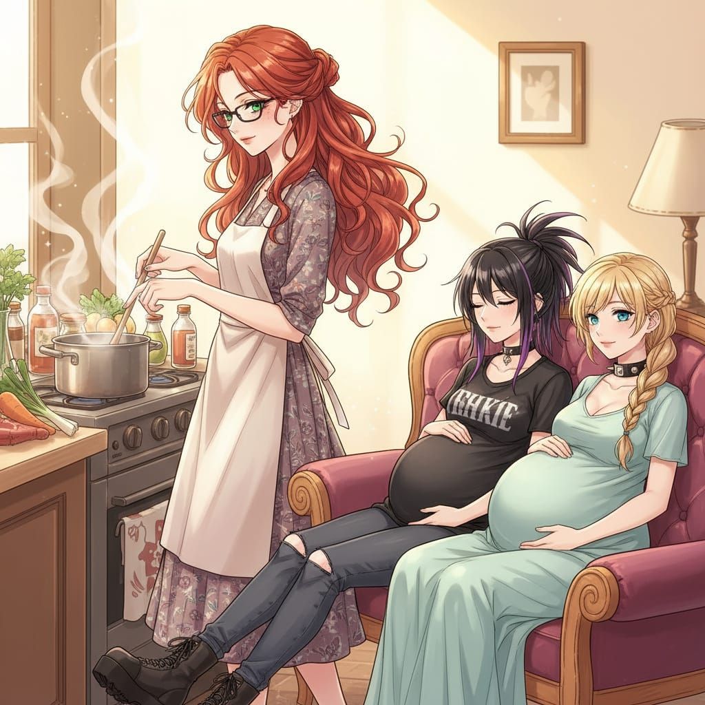 Shoujo Style Illustration of Family Cooking Dinner