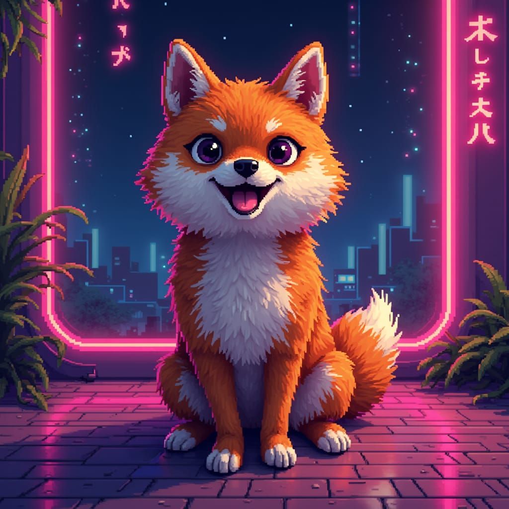 Pixelated Shiba Inu in Neon Cityscape