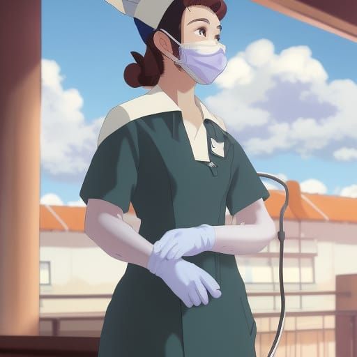 1940s Nurse Illustration in Studio Ghibli Anime Style