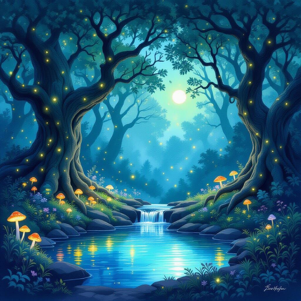Enchanted Forest Twilight Clearing with Waterfall and Firefl...