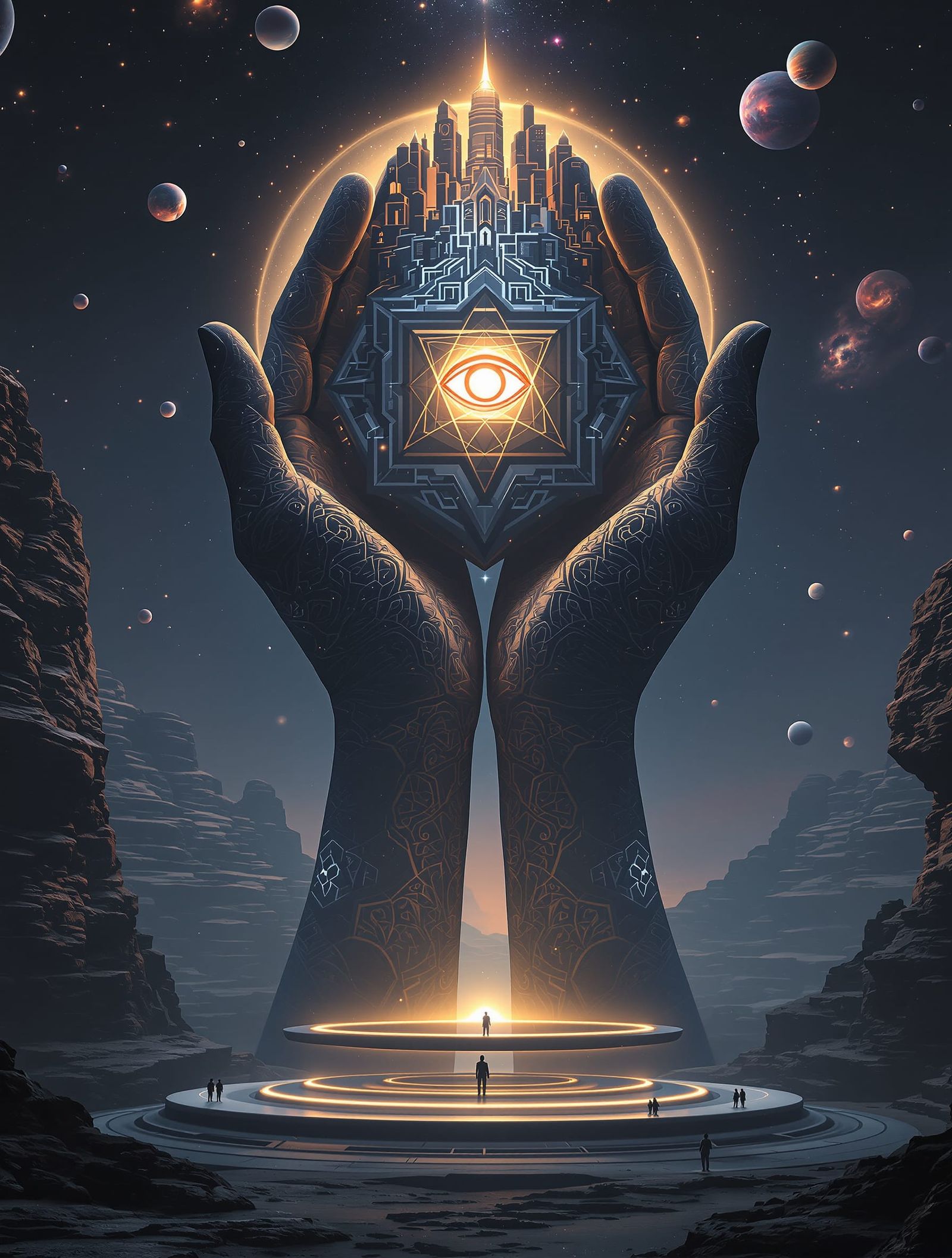 Colossal Hands Hold Geometric City in Surreal Digital Art