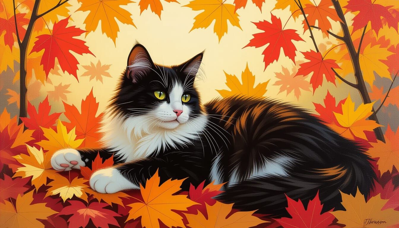 Domestic Cat Among Vibrant Fall Leaves in Bromoil Print Styl...