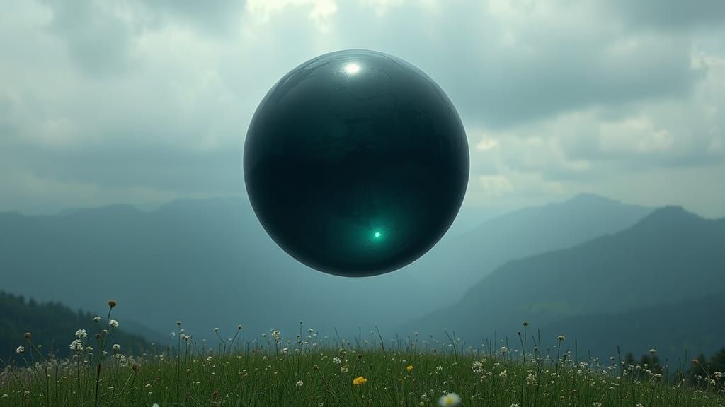 Obsidian Orb Sails Above a Serene Meadow in Surreal, Matte P...
