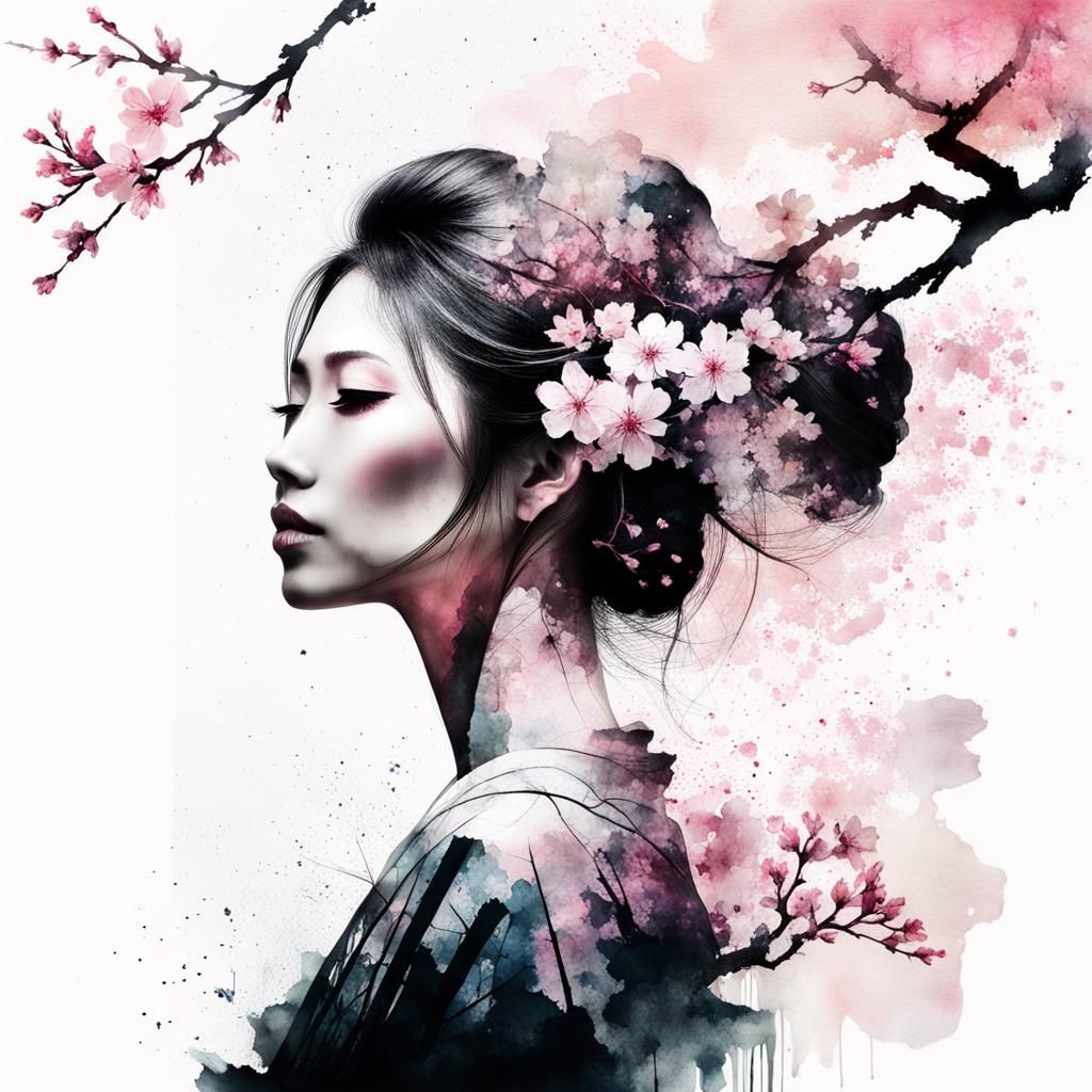 Sakura Silhouette: Watercolor Double Exposure