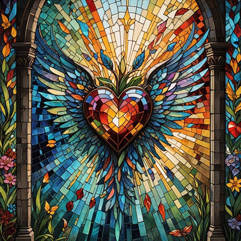Rainbow Heart Stained Glass Window in Mixed Media Style