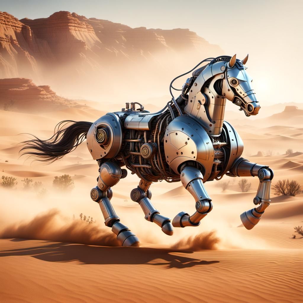Steampunk Mechanical Horse in Desert Landscape