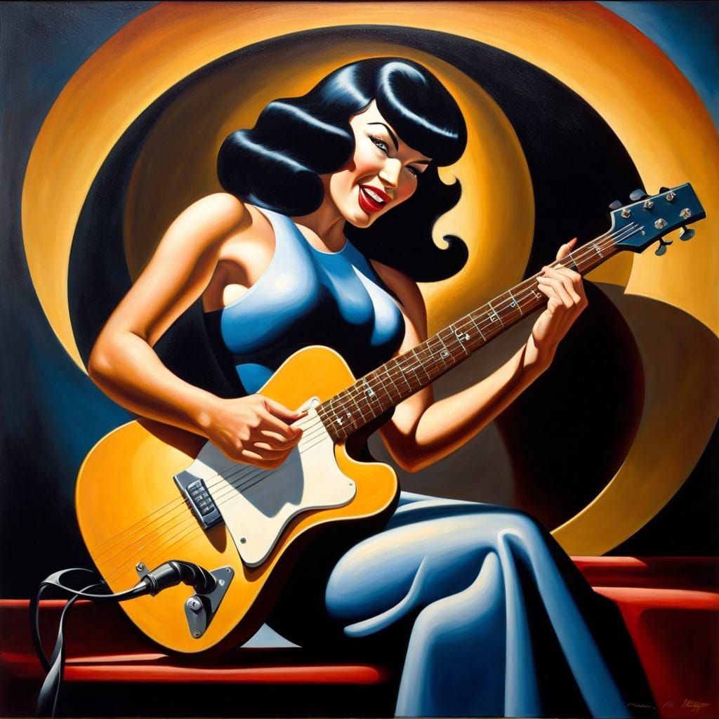 Bettie Page Plays Guitar: Neo-Primitivism Oil Painting