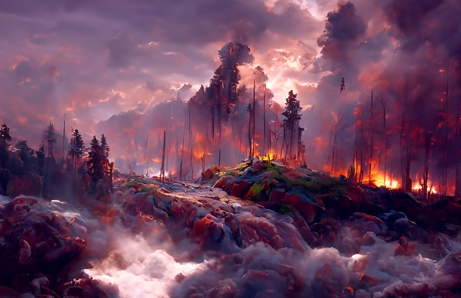 Inferno: Forest Fire Landscape in Maximalist Style