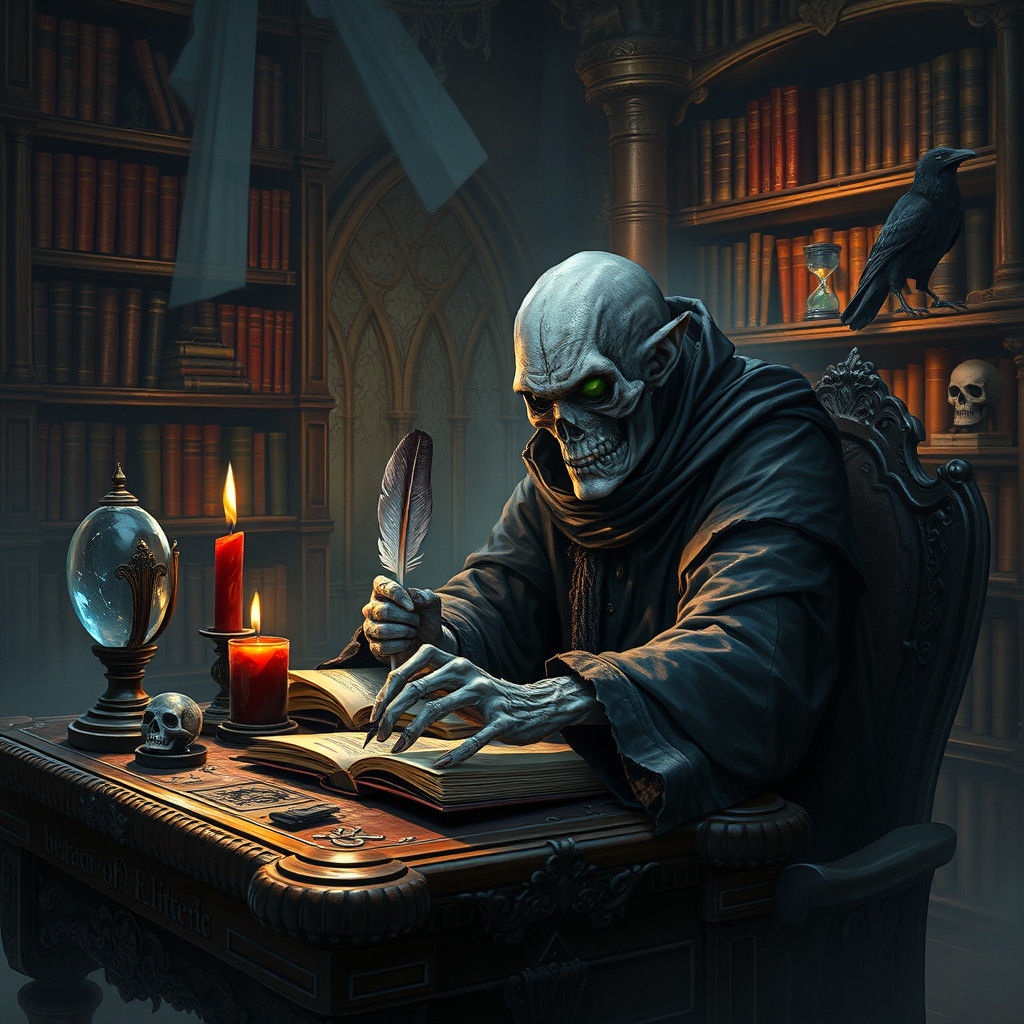 Lich Scribe in Gothic Library with Eerie Glow