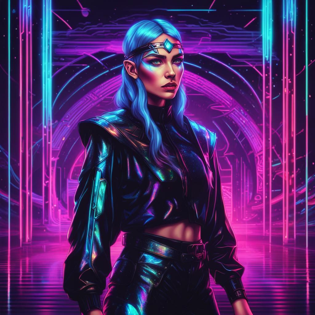 Holographic Elven Warrior Woman in Synthwave Style