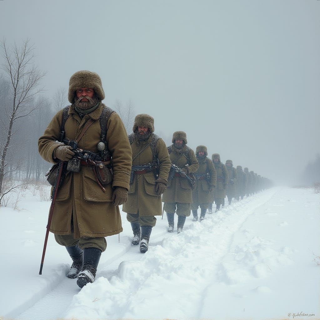 Serene Siberian Soldiers in Snowy Landscape