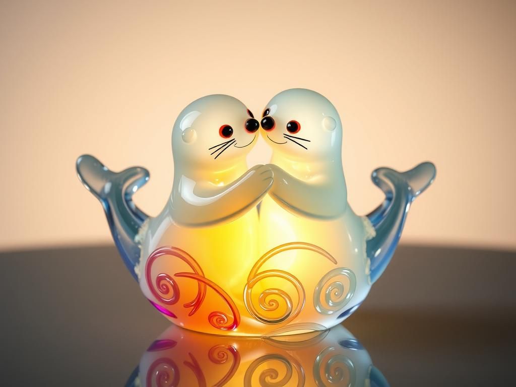 Enameled Glass Sea Otters Figurine in Stained Glass Style