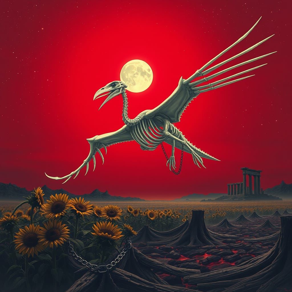 Skeletal Pterodactyl Soars Through Crimson Sky in Dark Gothi...