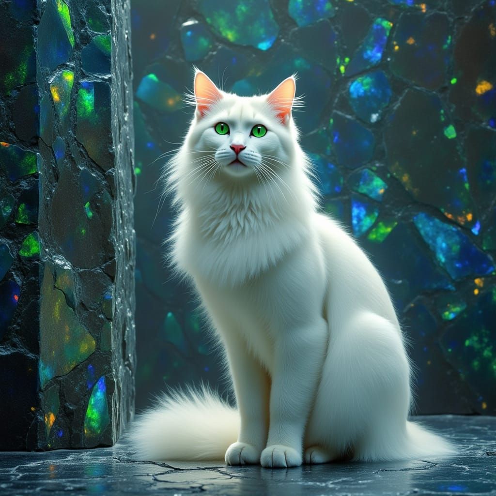 A floor and walls made entirely from black opal with a Long haired white cat with green eyes. <lora:Archetypal Images:1....