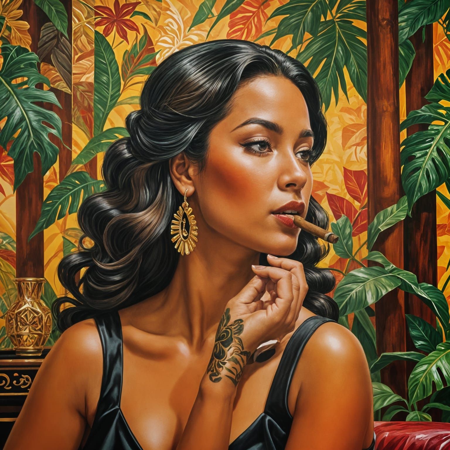 Cuban Art Inspired Cigar Lounge with Woman Smoking