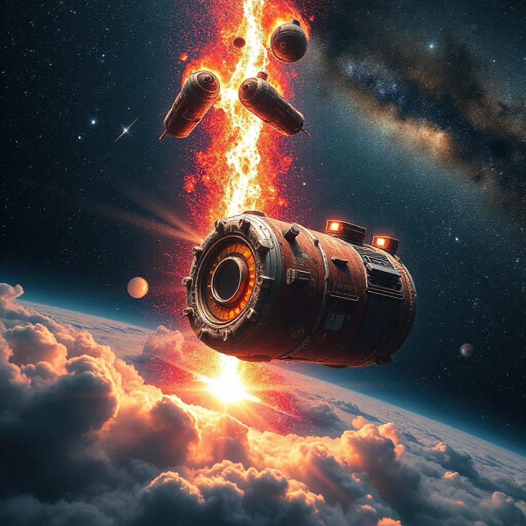 Damaged Steampunk Starship Navigates Magnetic Storm