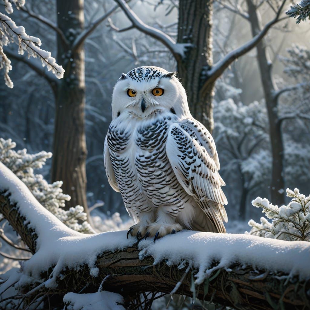 Photorealistic Snowy Owl Blends Into Winter Forest