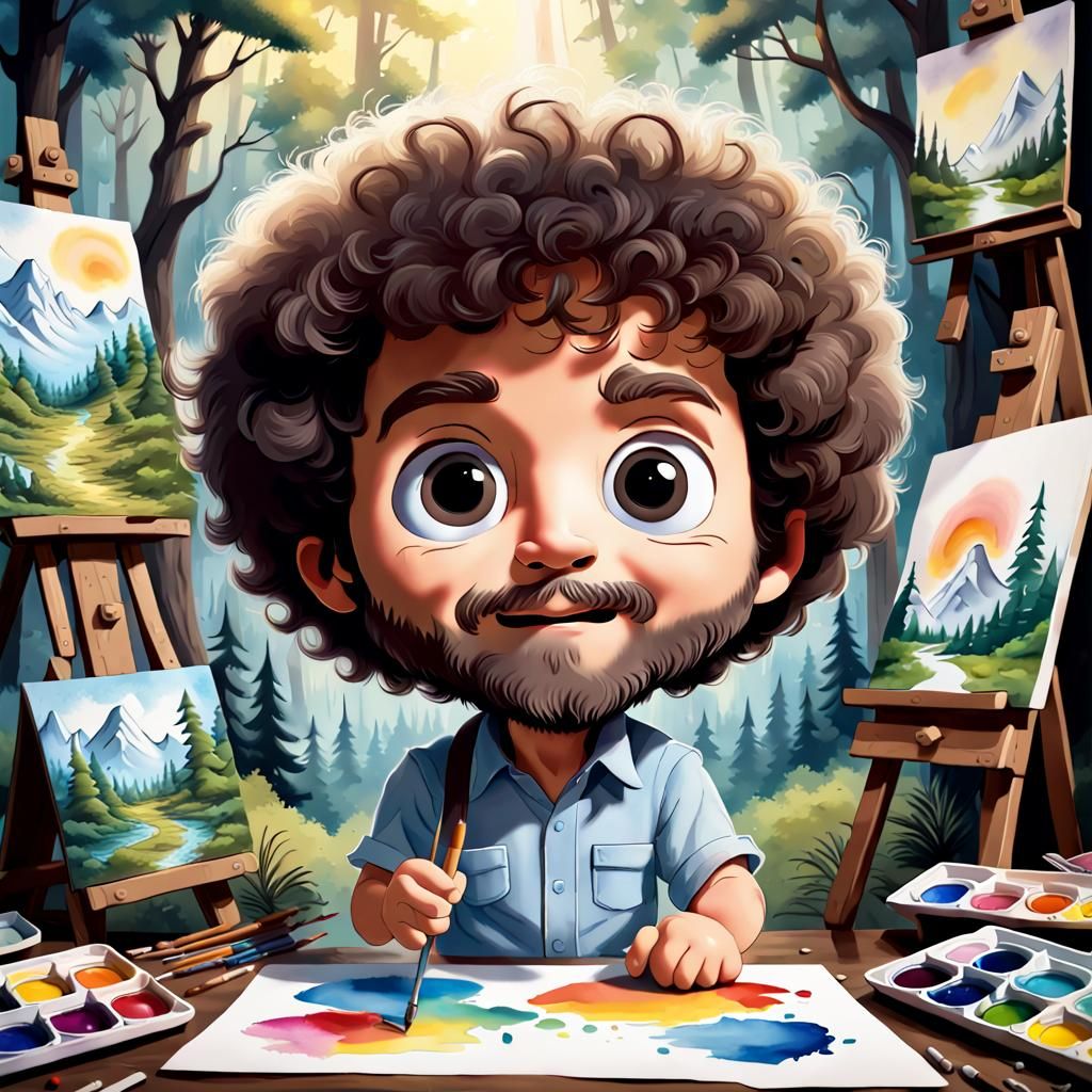 Adorable Bob Ross Chibi in Watercolor Wonderland