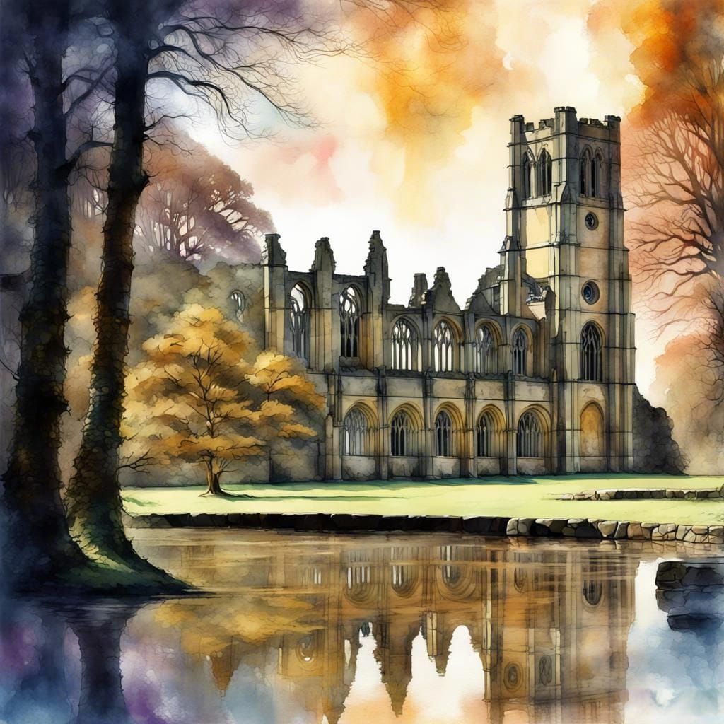 Fountains Abbey: Watercolour Illustration in Mixed Media