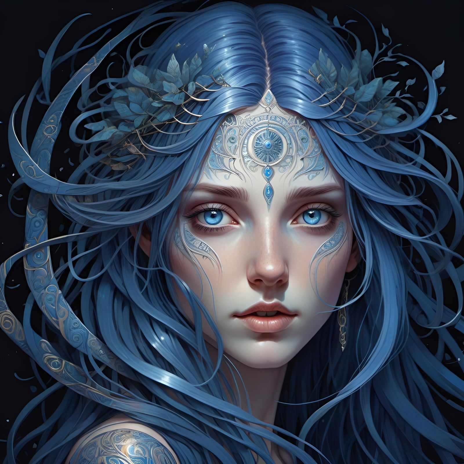 Ethereal Goddess with Indigo Hair, Hyperdetailed Art