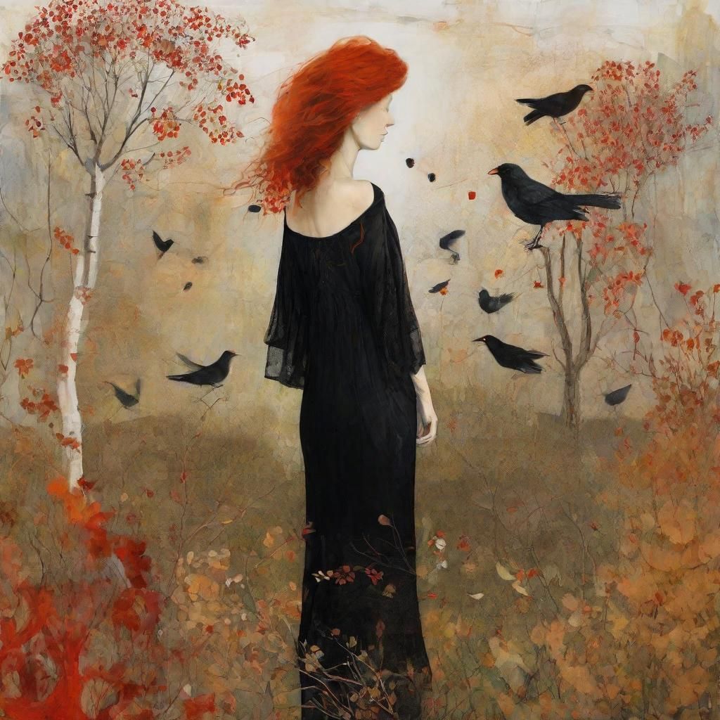 Surreal Collage of Woman with Flowing Red Hair