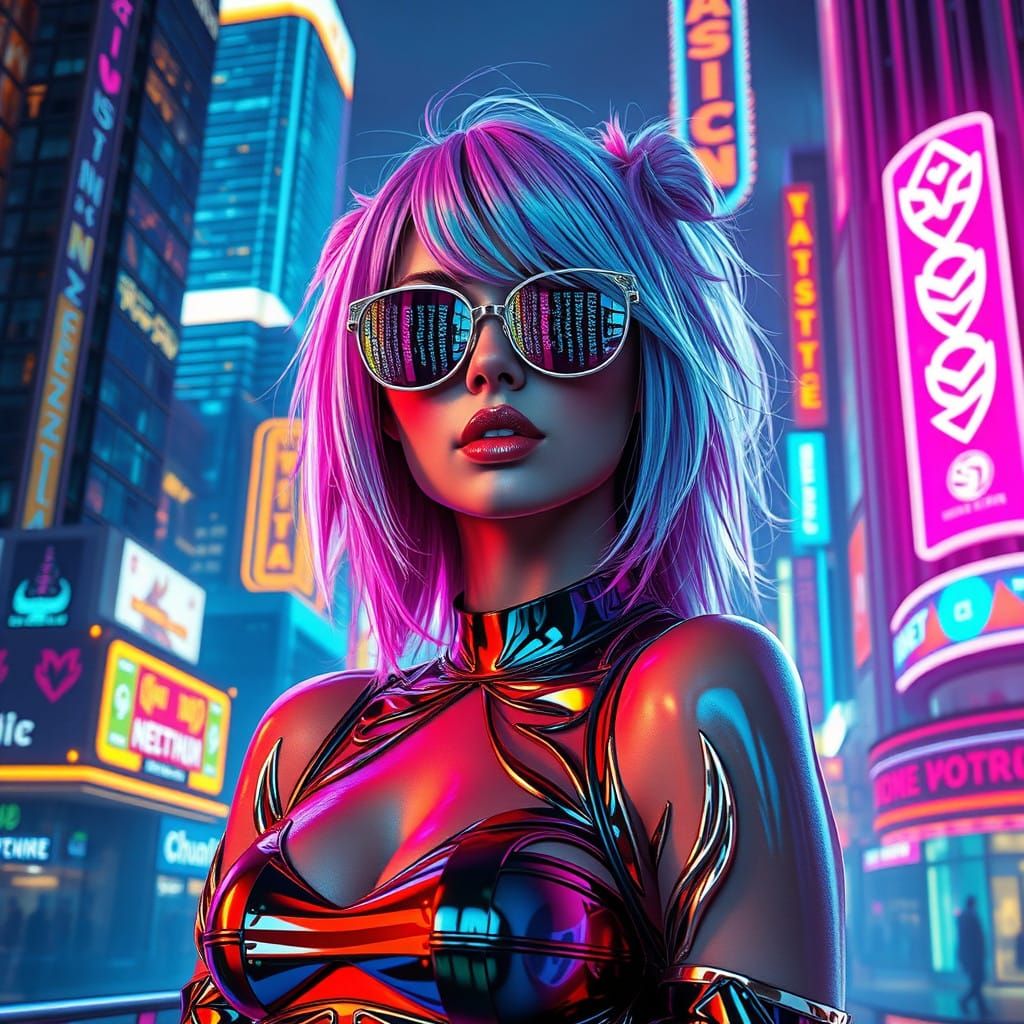 Cyberpunk Goddess in Neon Nightclub Dreamscape