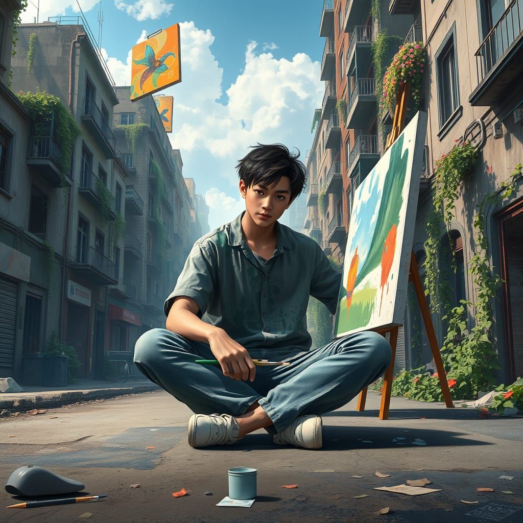 Anime-Style Artist Painting in Abandoned City