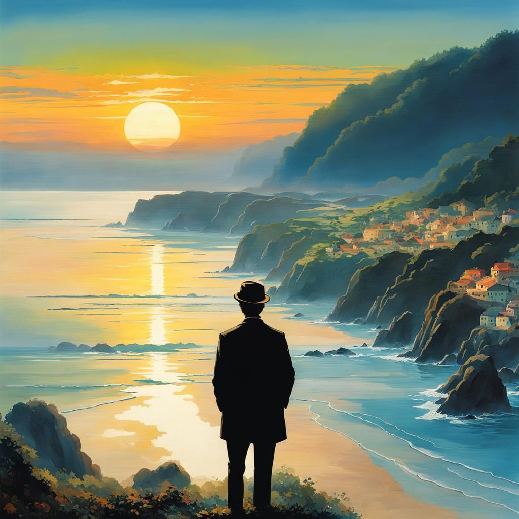 Dreamy Seaside Landscape Silhouette in Anime Style