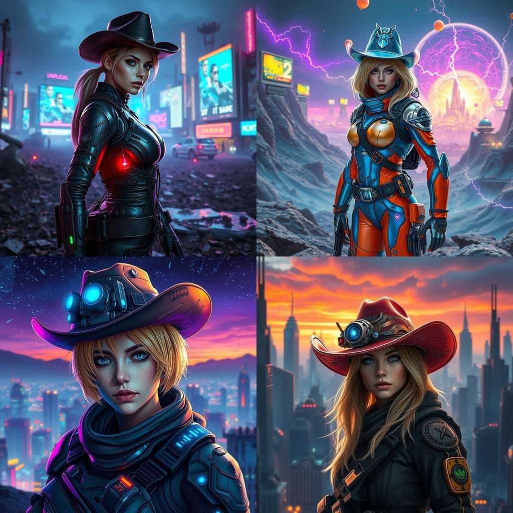 Futuristic Blonde Female Soldier in Cowboy Hat