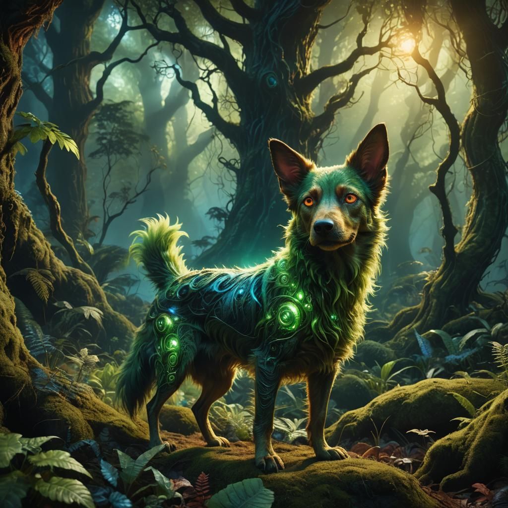 Glowing Alien Dog in Mystical Forest: Fantasy Art