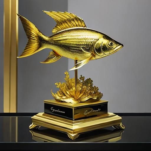 Golden Fish Trophy Sculpture in Display Cabinet