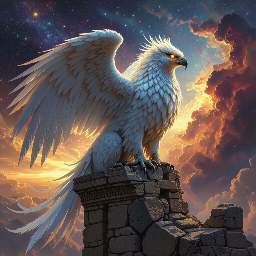 Iridescent Griffin Perched on Ancient Observatory