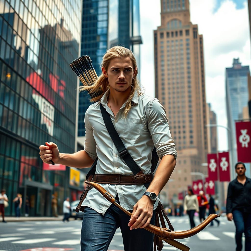 Modern Elf Archer in Urban Cityscape