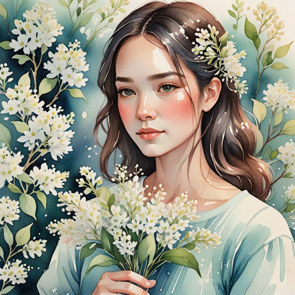 Woman Holding White Syringa Bouquet in Watercolor Style