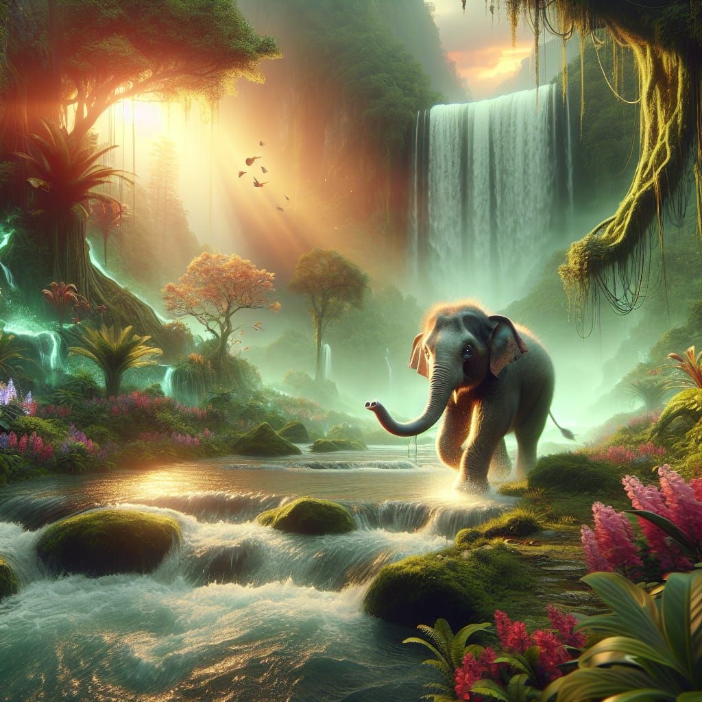Baby Elephant in Jungle: Photorealistic Matte Painting