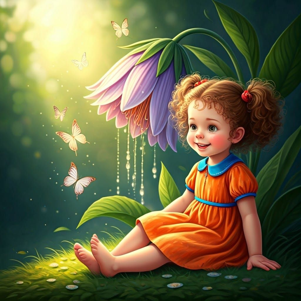 Girl, Flower, and Butterflies in Watercolor Style