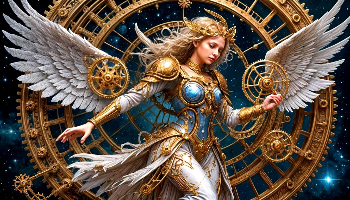 Angel Assembling Clockwork Mechanism from Starlight